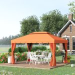 Gazebo da Giardino 4x3m con Doppio Tetto e Tende Laterali, Arancione - immagine 2