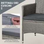 Set Giardino Esterno 3 Pezzi in Rattan PE e Acciaio, Set 2 Sedie con Cuscini Lavabili, Braccioli, Tavolino da Caffè con Piano in Vetro, Salotto da Giardino Balcone Patio Cortile, Grigio - immagine 5