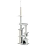 Albero Tiragraffi per Gatti a Soffitto con Piattaforme e Casetta, 60x40x225-255cm, Grigio