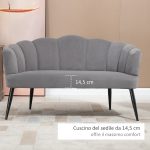 Divano 2 Posti in Velluto con Gambe in Metallo e Schienale a Conchiglia, 132x66x80cm, Grigio - immagine 5