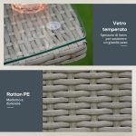 Set Giardino Esterno 3 Pezzi in Rattan PE e Acciaio, Set 2 Sedie con Cuscini Lavabili, Braccioli, Tavolino da Caffè con Piano in Vetro, Salotto da Giardino Balcone Patio Cortile, Grigio - immagine 6