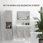 Set Mobili Bagno da 4 Pezzi con Lavabo da 60cm, Mobiletto, Colonna Bagno e Specchiera in Legno, Grigio - immagine 4