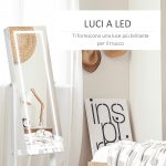 Specchio Portagioie Autoportante con Luce LED, Inclinazione Regolabile e Serratura, 46x36.5x151.5cm - immagine 5