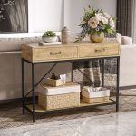 Tavolo Consolle Stile Vintage in Metallo e Legno con 2 Cassetti e Mensola, 100x35x76.5cm, Marrone - immagine 8