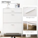 Mobile Scarpiera Moderno per 12 Paia di Scarpe con 2 Ante a Ribalta e Cassetto, 76x26x110 cm, Bianco - immagine 7