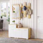 Set per Ingresso 3 in 1 con Appendiabiti a Muro, Specchio e Scarpiera con Panca in Legno - immagine 2