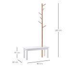Panca con Appendiabiti da Ingresso, Attaccapanni da Terra in Bambù, Panca da Ingresso Bianca, Design, anche per Camera da Letto, 80x30x180cm, Bianco Legno - immagine 3