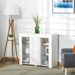 Credenza Moderna a Anta con Luci LED e Mensole in Vetro, Mobile Multiuso in Legno con Finitura Lucida, 97x35x83cm, Bianco - immagine 2
