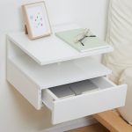 Set da 2 Comodini Moderni Sospesi con Cassetto e Mensola in Legno 35x32x22.5cm, Bianco Lucido - immagine 7