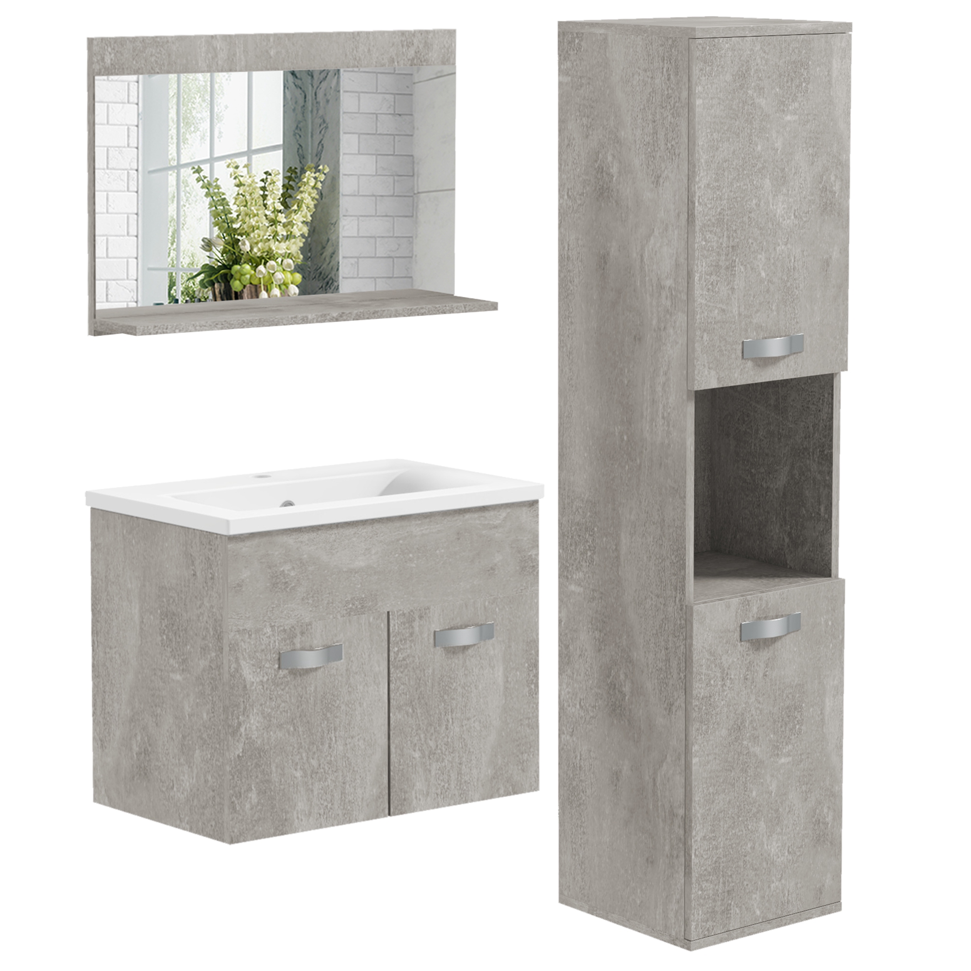 yEpa1419493aef8ae.jpg Set Mobili Bagno da 4 Pezzi con Lavabo da 60cm, Mobiletto, Colonna Bagno e Specchiera in Legno, Grigio - immagine 1