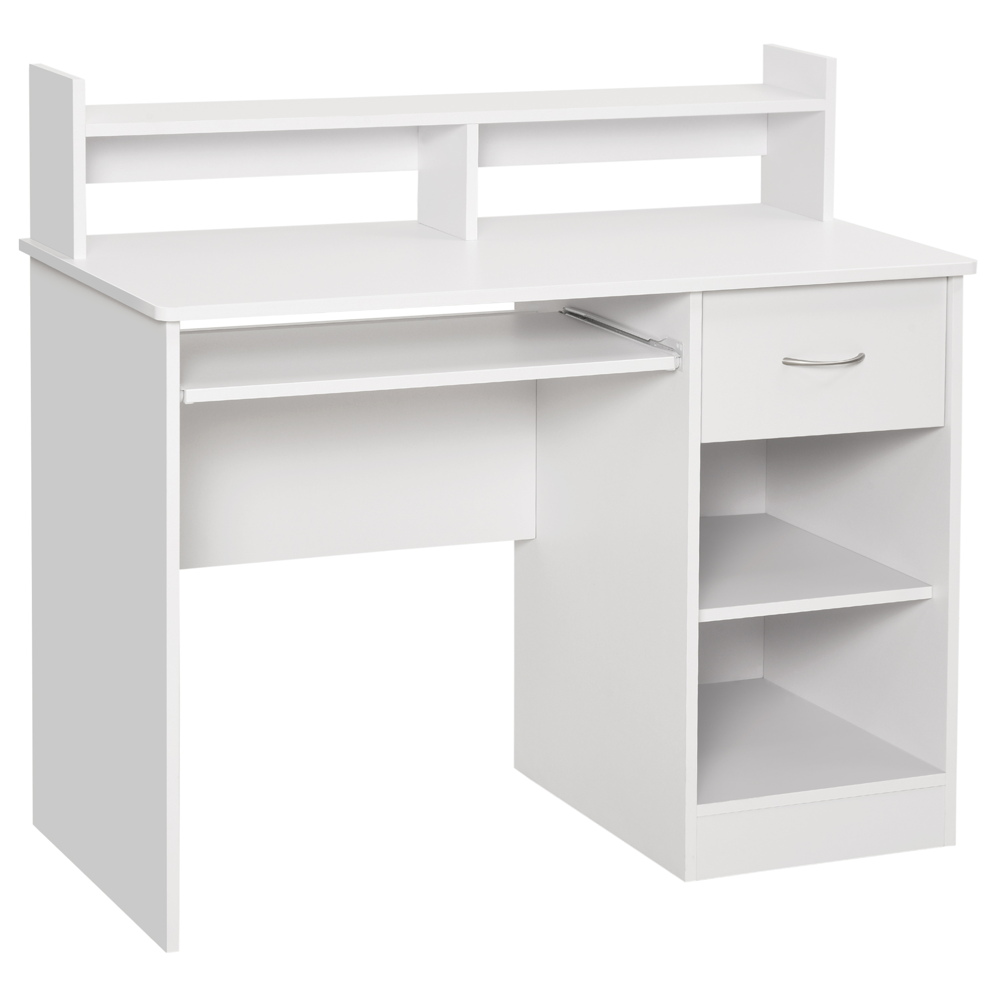 ylf72e19496f9bbcd.jpg Scrivania per Computer Compatta, Scrivania PC Fisso in Legno Bianco con Ripiano Tastiera Estraibile e Mensole 104x48x95.5cm - immagine 1
