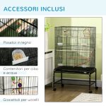 Gabbia per Uccelli in Acciaio con Posatoi, Giochi, Contenitori per Cibo e Vassoio, 79x49x133 cm, Nero - immagine 5