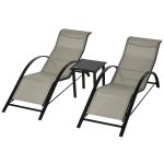 Set di 2 Lettini Prendisole e Tavolino con Piano in Vetro, 59x169x66 cm, Grigio