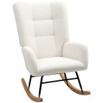 Sedia a Dondolo in Velluto Teddy, Metallo e Legno per Camera da Letto e Soggiorno, 70x94x100 cm, Bianco Crema