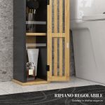 Mobiletto Bagno con Ripiano Aperto e Armadietto, in Bambù e MDF, 18x18x75 cm, Nero e color Legno - immagine 5