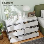 Cassettiera 6 Cassetti per Camera da Letto in Legno con Guide in Metallo, 120x39x75 cm, Bianco - immagine 5