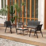 Set da Giardino con Divano 2 Posti, 2 Poltrone Impilabili e Tavolino in Vetro, Nero - immagine 9