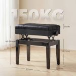Sgabello per Pianoforte con Altezza Regolabile e Contenitore in Legno e Finta Pelle, 63x35x46-56cm, Nero - immagine 3