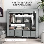 Armadio in Tessuto e Acciaio con 10 Ripiani, 4 Cassetti e Ante a Cerniera, Grigio - immagine 4
