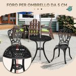 Set da Giardino 3pz con 2 Sedie da Esterno e Tavolino in Vetro con Foro per Ombrellone, in Alluminio, Nero - immagine 5
