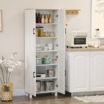 Mobile Dispensa da Cucina in Legno con 5 Ripiani Regolabili e 4 Ante, 60x30x170.5 cm, Bianco e color Legno - immagine 2