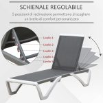 Lettino Prendisole con Schienale Reclinabile e Rotelle Posteriori, 195x67.5x33 cm, Grigio e Bianco - immagine 4