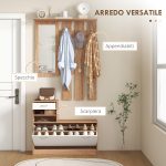 Mobile Appendiabiti 3 in 1 con Scarpiera e Specchio, Ganci e Cassetti, in Legno, 90x24x177 cm, Bianco e Noce - immagine 4