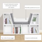 Mobile Libreria a 6 Sezioni 2 in 1 con Cuscini Morbidi, in Legno, Spugna e Poliestere, 102x30x61 cm, Bianco - immagine 6