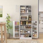 Dispensa da Cucina Porta Microonde con Ripiani Aperti e Armadietto con Portaspezie, 60x35x169 cm, Bianco - immagine 2