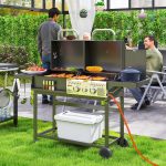 Barbecue a Carbone e Gas con 3 Bruciatori e Coperchio, Termometro, Ruote e Ripiani, Nero - immagine 2