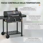 Barbecue a Carbone con Coperchio con Termometro, Griglia Regolabile, Ruote e Tavolini, Nero - immagine 5