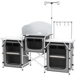 Cucina da Campeggio Pieghevole a 3 Piani con 5 Ripiani Interni e 4 Ganci, 172x48x119 cm, Grigio e Argento
