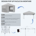 Gazebo 3x3 m Pieghevole ad Altezza Regolabile con Finestrelle, in Acciaio e Tessuto Oxford Grigio Chiaro - immagine 4
