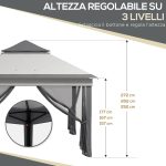 Gazebo con Zanzariere Regolabile su 3 Livelli, in Acciaio e tessuto Oxford, 326x326x272 cm, Grigio Chiaro e Scuro - immagine 5