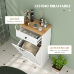 Mobiletto Bagno in Legno con Cesto Portabiancheria in Tessuto Ribaltabile e Cassetto, Bianco - immagine 4