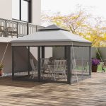 Gazebo con Zanzariere Regolabile su 3 Livelli, in Acciaio e tessuto Oxford, 326x326x272 cm, Grigio Chiaro e Scuro - immagine 8