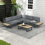 Set da Giardino 4 Pezzi in Alluminio con 2 Divanetti, Poltrona Angolare e Tavolino da Caffè, Grigio e Teak - immagine 2