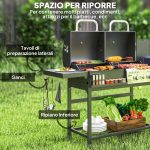 Barbecue a Carbone e Gas con 3 Bruciatori e Coperchio, Termometro, Ruote e Ripiani, Nero - immagine 7