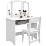 Set da Trucco per Bambini con Tavolo Toeletta con Specchio Triplo Rimovibile e Sedia in Legno Bianco
