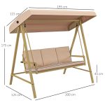 Dondolo 3 Posti con Tettuccio Inclinabile e Cuscini, in Acciaio e Textilene, 200x125x175 cm, Beige e Marrone - immagine 3