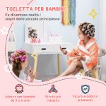 Set Toeletta per Bambini con Tavolo Trucco e Sgabello, Specchio e 2 Cassetti, Bianco e Colore Legno - immagine 4