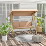 Dondolo 3 Posti con Tettuccio Inclinabile e Cuscini, in Acciaio e Textilene, 200x125x175 cm, Beige e Marrone - immagine 2
