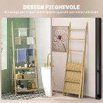 Scaffale Bagno 3 Ripiani con Porta Asciugamani a 3 Barre, Autoportante e Pieghevole in Legno di Bambù - immagine 4