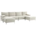 Divano Componibile 4 Pezzi con Poggiapiedi e Cuscini, in Tessuto effetto Ciniglia, 313x149x88 cm, Bianco Crema