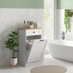 Mobiletto Bagno in Legno con Cesto Portabiancheria in Tessuto Ribaltabile e Cassetto, Bianco - immagine 2