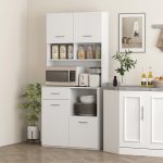 Mobile Dispensa in Legno con Cassetto, 4 Armadietti e 3 Ripiani Aperti, 80x35x180 cm, Bianco - immagine 2