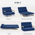 Divano Letto 3 in 1 in Tessuto Effetto Velluto con Schienale Regolabile e 2 Cuscini, 102x73x81 cm, Blu - immagine 4