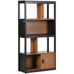Mobile Libreria  4 Livelli Aperti con Armadietto, in Truciolato e MDF, 76.5x30x150 cm, Marrone e Nero