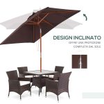 Ombrellone Rettangolare Inclinabile 2x1.5 m con 6 Stecche e Apertura a Corda, in Bambù e Poliestere Caffè - immagine 4