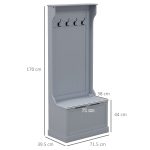 Mobile Appendiabiti 3 in 1 con 4 Ganci e Panca Contenitore, in Legno, 71.5x39.5x170 cm, Grigio - immagine 3